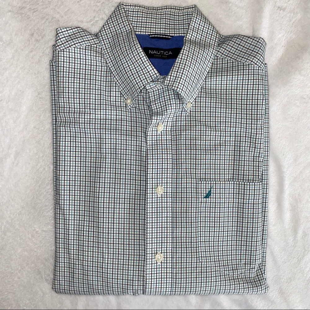 Men’s Nautica Blue and White Plaid Dress Shirt - Wrinkle Resistant